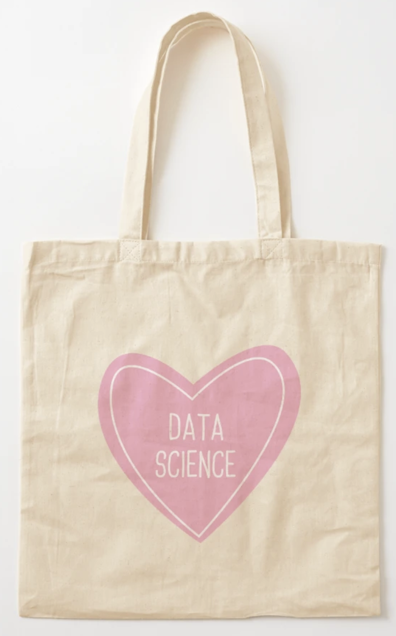 A canvas tote bag with a heart and the words "data science" printed on it.